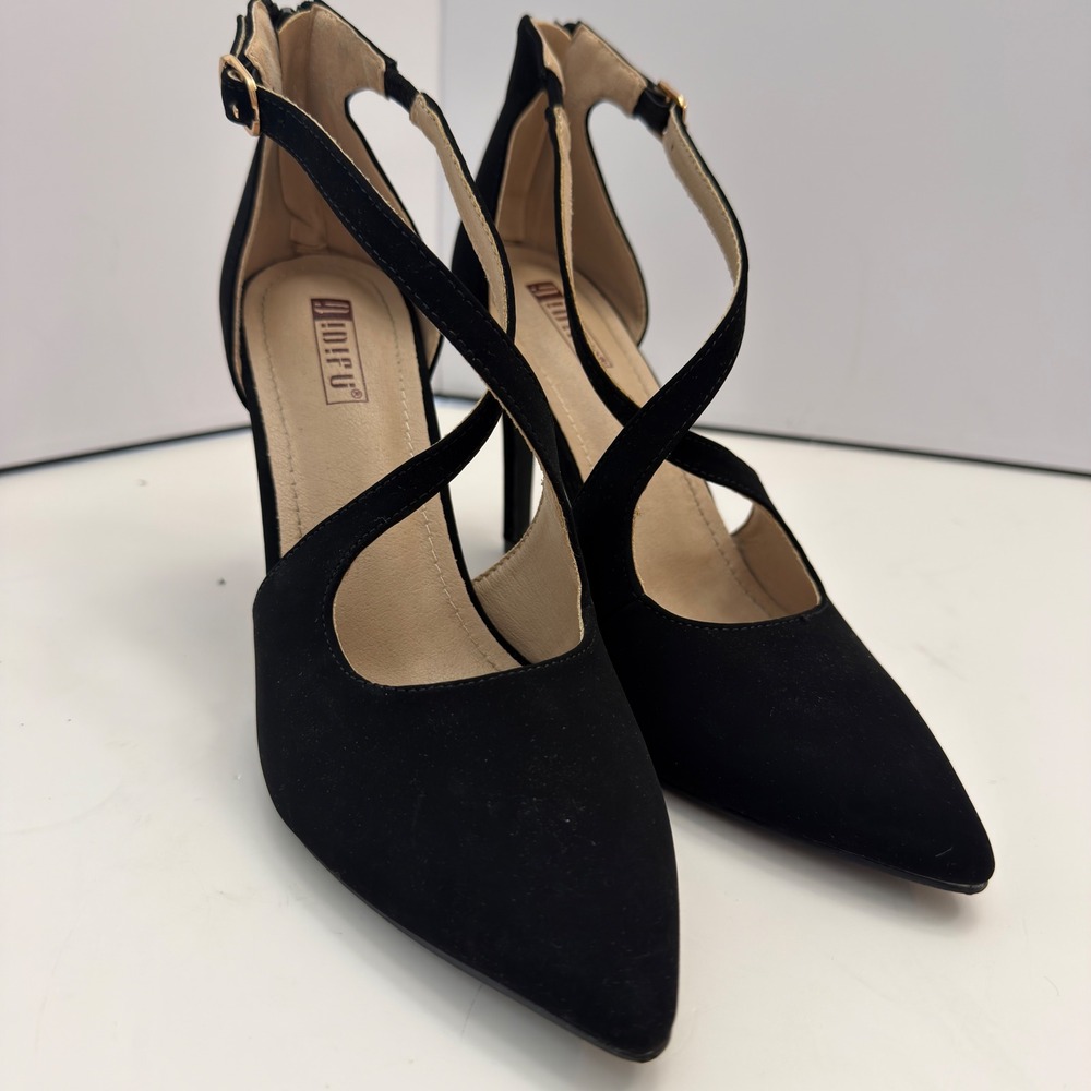 IDIFU Womens Black Faux Suede Pointed Toe Crisscross Strap Stiletto Heels 7.5